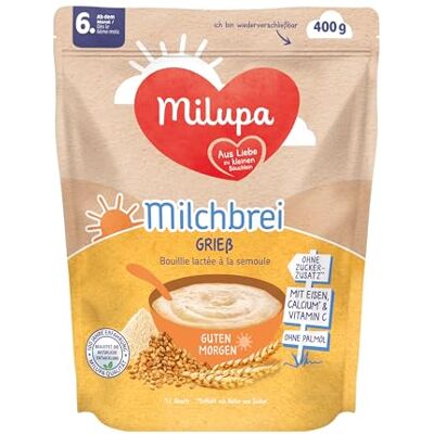 Milupa Milchbrei Grieß – Babybrei ohne Palmöl – Frei von Konservierungs- und Farbstoffen – Ab dem 6. Monat – 4 x 400 g Milupa Milchbrei Grieß – Babybrei ohne Palmöl – Frei von Konservierungs- und Farbstoffen – Ab dem 6. Monat – 4 x 400 g