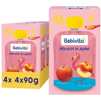 Bebivita Pfirsich in Apfel Quetschie – 16 Stück (4er Pack, je 4 x 90g), ohne Zuckerzusatz, glutenfrei, vegan, ideal für Babys ab 5. Monat, perfekt für unterwegs Bebivita Pfirsich in Apfel Quetschie – 16 Stück (4er Pack, je 4 x 90g), ohne Zuckerzusatz, glutenfrei, vegan, ideal für Babys ab 5. Monat, perfekt für unterwegs