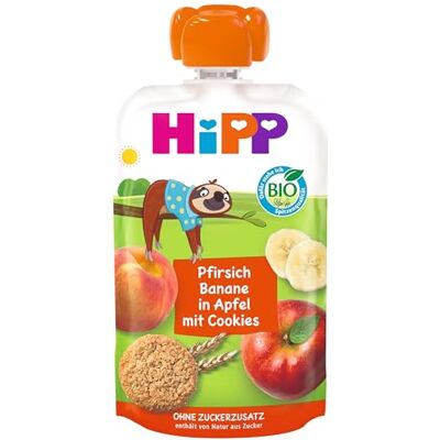 HiPP Bio Pfirsich Banane in Apfel mit Cookies (6 x 100g), Quetschie ab 1 Jahr, Früchte mit Getreide, ohne Zuckerzusatz, fein püriert, fruchtiger Snack für zwischendurch HiPP Bio Pfirsich Banane in Apfel mit Cookies (6 x 100g), Quetschie ab 1 Jahr, Früchte mit Getreide, ohne Zuckerzusatz, fein püriert, fruchtiger Snack für zwischendurch