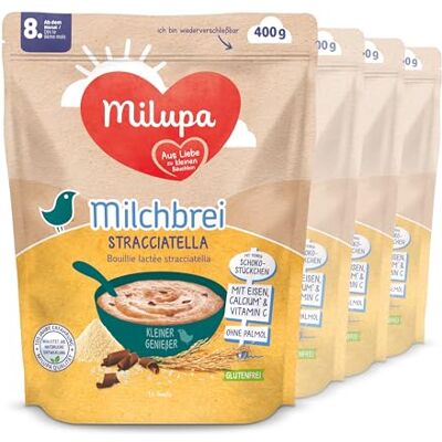 Milupa Milchbrei Stracciatella – Glutenfreier Babybrei ohne Palmöl – Frei von Konservierungs- und Farbstoffen – Ab dem 8. Monat – 4 x 400 g Milupa Milchbrei Stracciatella – Glutenfreier Babybrei ohne Palmöl – Frei von Konservierungs- und Farbstoffen – Ab dem 8. Monat – 4 x 400 g