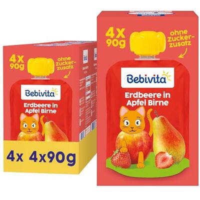 Bebivita Erdbeere in Apfel Birne Quetschie – 16 Stück (4er Pack, je 4 x 90g), ohne Zuckerzusatz, glutenfrei, ideal für unterwegs und selbständiges Snacken Bebivita Erdbeere in Apfel Birne Quetschie – 16 Stück (4er Pack, je 4 x 90g), ohne Zuckerzusatz, glutenfrei, ideal für unterwegs und selbständiges Snacken
