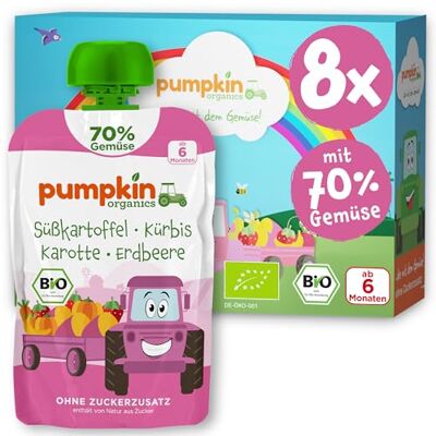 Pumpkin Organics Bio Gemüse-Quetschies 70% Gemüse 8er Pack Süßkartoffel, Kürbis, Karotte, Erdbeere ohne Zuckerzusatz¹ ab 6 Monaten als Snack oder Beikost für unterwegs (8x100g) Pumpkin Organics Bio Gemüse-Quetschies 70% Gemüse 8er Pack Süßkartoffel, Kürbis, Karotte, Erdbeere ohne Zuckerzusatz¹ ab 6 Monaten als Snack oder Beikost für unterwegs (8x100g)