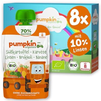 Pumpkin Organics Bio Gemüse-Quetschies mit 70% Gemüse und Linsen 8er Pack Süßkartoffel, Karotte, Linsen, Brokkoli, Banane ohne Zuckerzusatz¹ ab 8 Monaten als Snack oder Beikost für unterwegs (8x100g) Pumpkin Organics Bio Gemüse-Quetschies mit 70% Gemüse und Linsen 8er Pack Süßkartoffel, Karotte, Linsen, Brokkoli, Banane ohne Zuckerzusatz¹ ab 8 Monaten als Snack oder Beikost für unterwegs (8x100g)