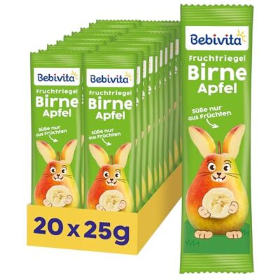 Bebivita Fruchtriegel Birne-Apfel (20 x 25g), Süße nur aus Früchten, perfekter Snack für zwischendurch, aus streng kontrollierten und ausgewählten Zutaten Bebivita Fruchtriegel Birne-Apfel (20 x 25g), Süße nur aus Früchten, perfekter Snack für zwischendurch, aus streng kontrollierten und ausgewählten Zutaten