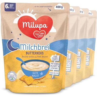 Milupa Milchbrei Butterkeks – Babybrei ohne Palmöl – Frei von Konservierungs- und Farbstoffen – Ab dem 6. Monat – 4 x 400 g Milupa Milchbrei Butterkeks – Babybrei ohne Palmöl – Frei von Konservierungs- und Farbstoffen – Ab dem 6. Monat – 4 x 400 g