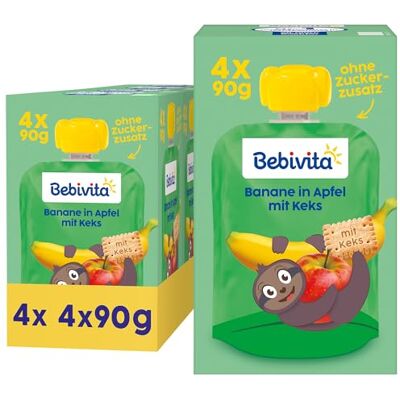 Bebivita Banane in Apfel mit Keks Quetschie – 16 Stück (4er Pack, je 4 x 90g), ohne Zuckerzusatz, aus milden Früchten und wertvollem Getreide, ideal für unterwegs und selbständiges Snacken Bebivita Banane in Apfel mit Keks Quetschie – 16 Stück (4er Pack, je 4 x 90g), ohne Zuckerzusatz, aus milden Früchten und wertvollem Getreide, ideal für unterwegs und selbständiges Snacken