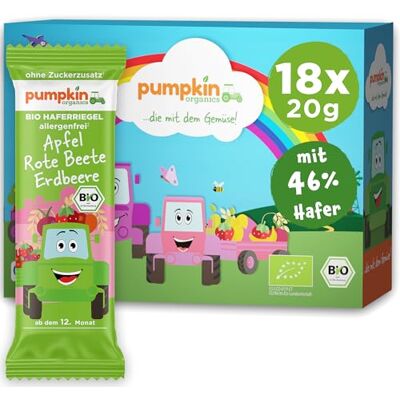 Pumpkin Organics Bio Haferriegel Apfel, Rote Beete, Erdbeere (18x20g) Haferriegel ohne Zuckerzusatz¹ ab dem 12. Monat allergenfreie² und glutenfreie³ Baby- und Kindersnacks Pumpkin Organics Bio Haferriegel Apfel, Rote Beete, Erdbeere (18x20g) Haferriegel ohne Zuckerzusatz¹ ab dem 12. Monat allergenfreie² und glutenfreie³ Baby- und Kindersnacks