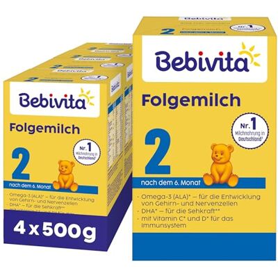 Bebivita 2 Folgemilch, Pulver (4 x 500g), nach dem 6. Monat, mit Vitamin C und D, Omega-3 (DHA), altersgerecht sättigend, Allergen: Fisch, Milch Bebivita 2 Folgemilch, Pulver (4 x 500g), nach dem 6. Monat, mit Vitamin C und D, Omega-3 (DHA), altersgerecht sättigend, Allergen: Fisch, Milch