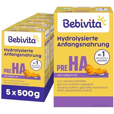 Bebivita PRE HA (5 x 500g), hydrolysierte Anfangsmilch von Geburt an, enthält nur Lactose als Kohlenhydrat, gut zum Zufüttern Bebivita PRE HA (5 x 500g), hydrolysierte Anfangsmilch von Geburt an, enthält nur Lactose als Kohlenhydrat, gut zum Zufüttern