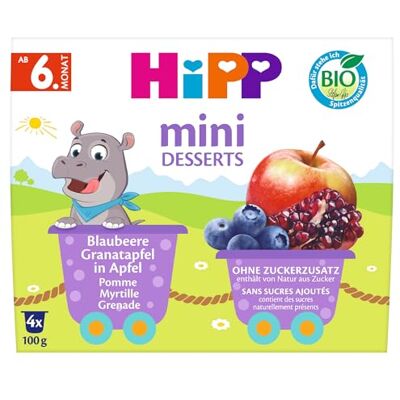 HiPP Bio Mini Desserts Blaubeere-Granatapfel in Apfel, 6x4x100g (24 Becher), ab 6. Monat, ohne Zuckerzusatz, als Nachtisch oder zur Breizubereitung HiPP Bio Mini Desserts Blaubeere-Granatapfel in Apfel, 6x4x100g (24 Becher), ab 6. Monat, ohne Zuckerzusatz, als Nachtisch oder zur Breizubereitung