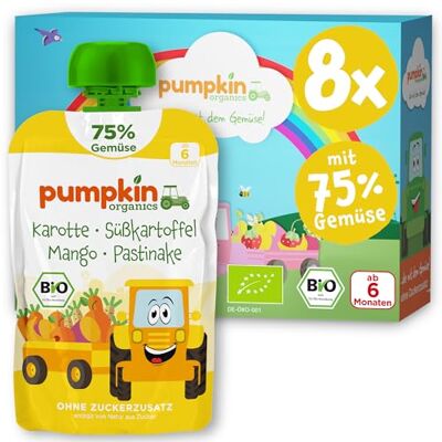 Pumpkin Organics Bio Gemüse-Quetschies 75% Gemüse 8er Pack Karotte, Süßkartoffel, Mango, Pastinake ohne Zuckerzusatz¹ ab 6 Monaten als Snack oder Beikost für unterwegs (8x100g) Pumpkin Organics Bio Gemüse-Quetschies 75% Gemüse 8er Pack Karotte, Süßkartoffel, Mango, Pastinake ohne Zuckerzusatz¹ ab 6 Monaten als Snack oder Beikost für unterwegs (8x100g)