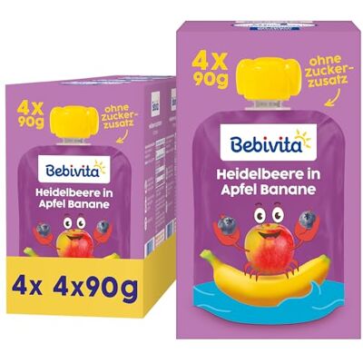 Bebivita Heidelbeere in Apfel Banane Quetschie – 16 Stück (4er Pack, je 4 x 90g), ohne Zuckerzusatz, glutenfrei, ideal für unterwegs und selbständiges Snacken Bebivita Heidelbeere in Apfel Banane Quetschie – 16 Stück (4er Pack, je 4 x 90g), ohne Zuckerzusatz, glutenfrei, ideal für unterwegs und selbständiges Snacken