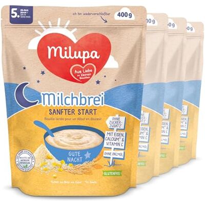 Milupa Milchbrei Sanfter Start – Glutenfreier Babybrei ohne Palmöl – Frei von Konservierungs- und Farbstoffen – Ab dem 5. Monat – 4 x 400 g Milupa Milchbrei Sanfter Start – Glutenfreier Babybrei ohne Palmöl – Frei von Konservierungs- und Farbstoffen – Ab dem 5. Monat – 4 x 400 g