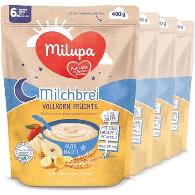 Milupa Milchbrei Vollkorn Früchte – Babybrei ohne Palmöl – Frei von Konservierungs- und Farbstoffen – Ab dem 6. Monat – 4 x 400 g Milupa Milchbrei Vollkorn Früchte – Babybrei ohne Palmöl – Frei von Konservierungs- und Farbstoffen – Ab dem 6. Monat – 4 x 400 g