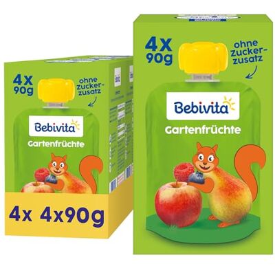 Bebivita Gartenfrüchte Quetschie – 16 Stück (4er Pack, je 4 x 90g), ohne Zuckerzusatz, glutenfrei, ideal für unterwegs und selbständiges Snacken Bebivita Gartenfrüchte Quetschie – 16 Stück (4er Pack, je 4 x 90g), ohne Zuckerzusatz, glutenfrei, ideal für unterwegs und selbständiges Snacken