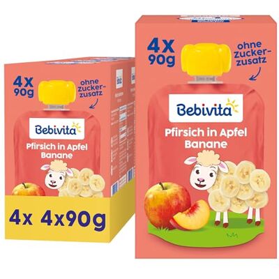Bebivita Pfirsich in Apfel Banane Quetschie – 16 Stück (4er Pack, je 4 x 90g), ohne Zuckerzusatz, glutenfrei, ideal für unterwegs und selbständiges Snacken Bebivita Pfirsich in Apfel Banane Quetschie – 16 Stück (4er Pack, je 4 x 90g), ohne Zuckerzusatz, glutenfrei, ideal für unterwegs und selbständiges Snacken