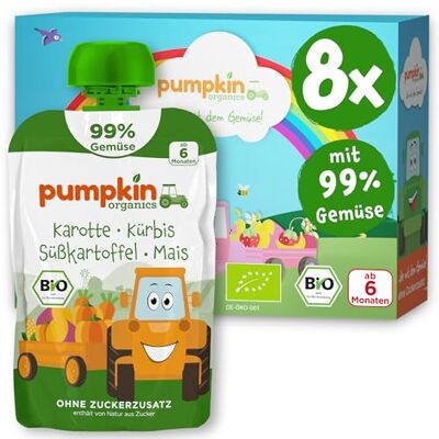 Pumpkin Organics Bio Gemüse-Quetschies 99% Gemüse 8er Pack Karotte, Kürbis, Süßkartoffel, Mais ohne Zuckerzusatz¹ ab 6 Monaten als Snack oder Beikost für unterwegs (8x100g) Pumpkin Organics Bio Gemüse-Quetschies 99% Gemüse 8er Pack Karotte, Kürbis, Süßkartoffel, Mais ohne Zuckerzusatz¹ ab 6 Monaten als Snack oder Beikost für unterwegs (8x100g)