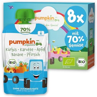 Pumpkin Organics Bio Gemüse-Quetschies 8er Pack Kürbis, Karotte, Apfel, Banane, Pfirsich ohne Zuckerzusatz¹ ab 6 Monaten als Snack oder Beikost für unterwegs glutenfrei (8x100g) Pumpkin Organics Bio Gemüse-Quetschies 8er Pack Kürbis, Karotte, Apfel, Banane, Pfirsich ohne Zuckerzusatz¹ ab 6 Monaten als Snack oder Beikost für unterwegs glutenfrei (8x100g)