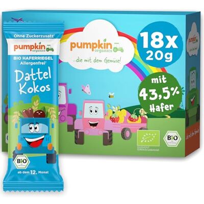 Pumpkin Organics Bio Haferriegel Dattel Kokos (18x20g) Haferriegel ohne Zuckerzusatz¹ ab dem 12. Monat allergenfreie² und glutenfreie³ Baby- und Kindersnacks Pumpkin Organics Bio Haferriegel Dattel Kokos (18x20g) Haferriegel ohne Zuckerzusatz¹ ab dem 12. Monat allergenfreie² und glutenfreie³ Baby- und Kindersnacks