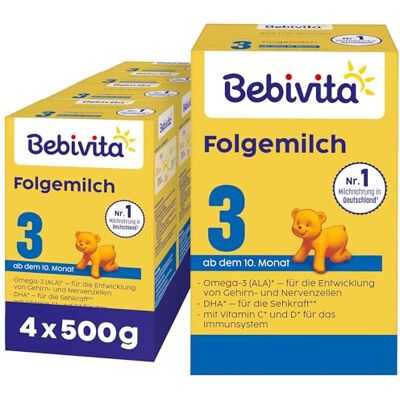 Bebivita 3 Folgemilch (4 x 500g), ab dem 10. Monat, mit Vitamin C und D, Omega-3 (DHA,ALA), altersgerecht sättigend Bebivita 3 Folgemilch (4 x 500g), ab dem 10. Monat, mit Vitamin C und D, Omega-3 (DHA,ALA), altersgerecht sättigend