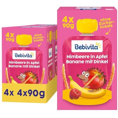 Bebivita Himbeere in Apfel Banane mit Dinkel Quetschie – 16 Stück (4er Pack, je 4 x 90g), ohne Zuckerzusatz, aus milden Früchten und wertvollem Getreide, ideal für unterwegs und selbständiges Snacken Bebivita Himbeere in Apfel Banane mit Dinkel Quetschie – 16 Stück (4er Pack, je 4 x 90g), ohne Zuckerzusatz, aus milden Früchten und wertvollem Getreide, ideal für unterwegs und selbständiges Snacken