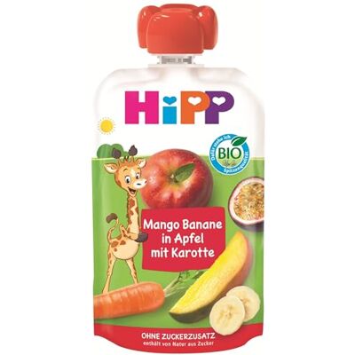 HiPP Bio Quetschie Mango-Banane in Apfel mit Karotte (8 x 100g), ab 1 Jahr, Frucht- und Gemüsepüree, ohne Zuckerzusatz, vegan, in bester Bio-Qualität HiPP Bio Quetschie Mango-Banane in Apfel mit Karotte (8 x 100g), ab 1 Jahr, Frucht- und Gemüsepüree, ohne Zuckerzusatz, vegan, in bester Bio-Qualität