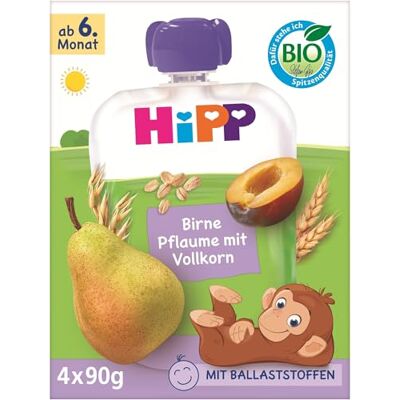 HiPP Bio Quetschie Birne Pflaume mit Vollkorn, 16 Stück (4er Pack mit je 4 x 90g), für Babys ab 6. Monat, ohne Zuckerzusatz, Vegan HiPP Bio Quetschie Birne Pflaume mit Vollkorn, 16 Stück (4er Pack mit je 4 x 90g), für Babys ab 6. Monat, ohne Zuckerzusatz, Vegan