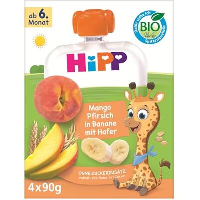 HiPP Bio Quetschie Mango Pfirsich in Banane mit Hafer,16 Stück (4er Pack mit je 4 x 90g), für Babys ab 6. Monat, ohne Zuckerzusatz, vegan, in bester Bio-Qualität HiPP Bio Quetschie Mango Pfirsich in Banane mit Hafer,16 Stück (4er Pack mit je 4 x 90g), für Babys ab 6. Monat, ohne Zuckerzusatz, vegan, in bester Bio-Qualität