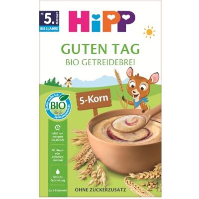 HiPP Guten Tag Bio Getreidebrei 5-Korn (7 x 200g), Babybrei ab 5. Monat, ohne Zuckerzusatz, milchfrei, mit Vitamin B1, einfache Zubereitung HiPP Guten Tag Bio Getreidebrei 5-Korn (7 x 200g), Babybrei ab 5. Monat, ohne Zuckerzusatz, milchfrei, mit Vitamin B1, einfache Zubereitung