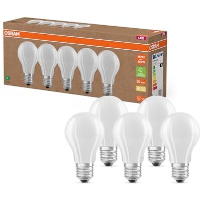 Osram Hocheffiziente LED Lampen mit Energieeffizienz Klasse A, Vorteilspack mit 5 Leuchtmittel, ersetzt herkömmliche 100W Glühbirnen, warmweiß(2700K), E27, Mattes Glas, White Osram Hocheffiziente LED Lampen mit Energieeffizienz Klasse A, Vorteilspack mit 5 Leuchtmittel, ersetzt herkömmliche 100W Glühbirnen, warmweiß(2700K), E27, Mattes Glas, White