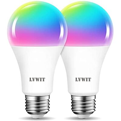 LVWIT Smart Wifi Led Birne Geführte Birne 12W RGB A70 Bunte Fernsteuerungslampe Bluetooth Glühbirne E27 1521LM via App Dimmbar, kompatibel mit Google Assistant und Amazon alexa Echo und Echo Dot, 2pack LVWIT Smart Wifi Led Birne Geführte Birne 12W RGB A70 Bunte Fernsteuerungslampe Bluetooth Glühbirne E27 1521LM via App Dimmbar, kompatibel mit Google Assistant und Amazon alexa Echo und Echo Dot, 2pack