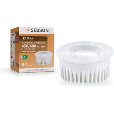 SEBSON LED Modul 230V warmweiß Klasse A LED 2,5W ultra flach ø50x26mm LED Lampe für Einbaustrahler, ersetzt GU10 MR16 Deckenspot 50W, Leuchtmittel 450lm 3000K, nicht dimmbar, Energieklasse A SEBSON LED Modul 230V warmweiß Klasse A LED 2,5W ultra flach ø50x26mm LED Lampe für Einbaustrahler, ersetzt GU10 MR16 Deckenspot 50W, Leuchtmittel 450lm 3000K, nicht dimmbar, Energieklasse A