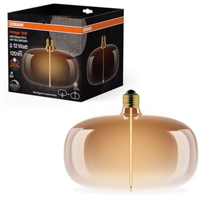 Osram Vintage 1906 Big Elipse ist eine dimmbare LED-Lampe mit Filament in Ellipsenform. Sie bietet 4 W für 120 lm, E27 Fassung, Tea Brown Glas, 215 mm Durchmesser, Farbwiedergabe CRI 80, 1800 K. Osram Vintage 1906 Big Elipse ist eine dimmbare LED-Lampe mit Filament in Ellipsenform. Sie bietet 4 W für 120 lm, E27 Fassung, Tea Brown Glas, 215 mm Durchmesser, Farbwiedergabe CRI 80, 1800 K.