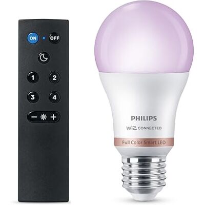 Philips Smart Lighting, Smart LED RGB A60 Lampe mit Fernbedienung, E27-Sockel, 806 lm, farbiges und weißes Licht (2200–6500 K), niedrig dimmbar, kompatibel mit WiZ, Alexa, Google Home, Apple Home Philips Smart Lighting, Smart LED RGB A60 Lampe mit Fernbedienung, E27-Sockel, 806 lm, farbiges und weißes Licht (2200–6500 K), niedrig dimmbar, kompatibel mit WiZ, Alexa, Google Home, Apple Home
