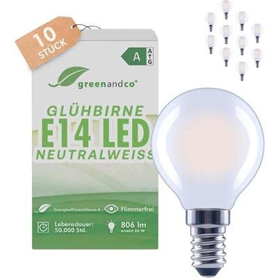 greenandco 10x LED Lampe E14 neutralweiss, matt, 3.8W 806lm, G45 230V Glühfaden LED Glühbirne ersetzt 60W, 4000K, 320° Abstrahlwinkel, flimmerfrei, Energieeffizienzklasse A, nicht dimmbar greenandco 10x LED Lampe E14 neutralweiss, matt, 3.8W 806lm, G45 230V Glühfaden LED Glühbirne ersetzt 60W, 4000K, 320° Abstrahlwinkel, flimmerfrei, Energieeffizienzklasse A, nicht dimmbar