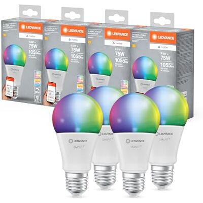LEDVANCE SMART+ MATTER LED-Lampe, kompatibel mit Google, Alexa, Apple, weiße Frost-Optik, 9,5W, 1055lm, E27, Farblicht, Weißlicht, App- oder Sprachsteuerung, bis zu 20.000 Std. Lebensdauer, 4-Pack LEDVANCE SMART+ MATTER LED-Lampe, kompatibel mit Google, Alexa, Apple, weiße Frost-Optik, 9,5W, 1055lm, E27, Farblicht, Weißlicht, App- oder Sprachsteuerung, bis zu 20.000 Std. Lebensdauer, 4-Pack