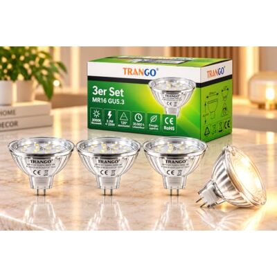 Trango 3er Set MR16030 LED Leuchtmittel mit MR16 Fassung zum Austausch herkömmlicher Halogen Leuchtmittel MR16 I GU5.3 I G4 12 Volt 3000K warmweiß Glühlampe, Reflektor Lampe Trango 3er Set MR16030 LED Leuchtmittel mit MR16 Fassung zum Austausch herkömmlicher Halogen Leuchtmittel MR16 I GU5.3 I G4 12 Volt 3000K warmweiß Glühlampe, Reflektor Lampe