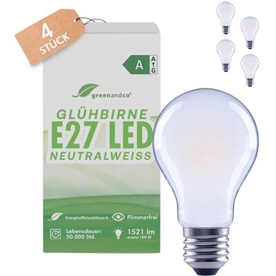 greenandco 4x Glühbirne E27 LED neutralweiss, klar, 7.2W 1521lm, A60 230V Glühfaden LED Lampe ersetzt 100W, 4000K, 320° Abstrahlwinkel, flimmerfrei, Energieeffizienzklasse A, nicht dimmbar greenandco 4x Glühbirne E27 LED neutralweiss, klar, 7.2W 1521lm, A60 230V Glühfaden LED Lampe ersetzt 100W, 4000K, 320° Abstrahlwinkel, flimmerfrei, Energieeffizienzklasse A, nicht dimmbar