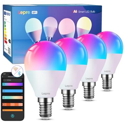 Lepro Smart E14 LED G45, 4.9W 470LM RGB+CCT, Dimmbar, 4er Pack Personalisierter KI-Lichtdesigner, Kompatibel mit Alexa/Google, Musik Sync, WiFi & Bluetooth, KI-Ambientebeleuchtung Lepro Smart E14 LED G45, 4.9W 470LM RGB+CCT, Dimmbar, 4er Pack Personalisierter KI-Lichtdesigner, Kompatibel mit Alexa/Google, Musik Sync, WiFi & Bluetooth, KI-Ambientebeleuchtung