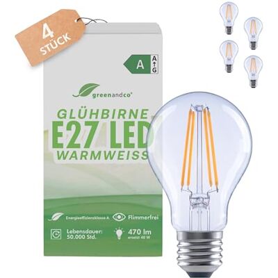 greenandco 4x Glühbirne E27 LED warmweiss, klar, 2.2W 470lm, A60 230V Glühfaden LED Lampe ersetzt 40W, 2700K, 320° Abstrahlwinkel, flimmerfrei, Energieeffizienzklasse A, nicht dimmbar greenandco 4x Glühbirne E27 LED warmweiss, klar, 2.2W 470lm, A60 230V Glühfaden LED Lampe ersetzt 40W, 2700K, 320° Abstrahlwinkel, flimmerfrei, Energieeffizienzklasse A, nicht dimmbar