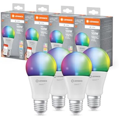 LEDVANCE SMART+ MATTER LED-Lampe, weiße Frost-Optik, 14W, 1521lm, klassische Glühlampenform mit E27, Farblicht und Weißlicht, App- oder Sprachsteuerung, bis zu 20.000 Std. Lebensdauer, 4-Pack LEDVANCE SMART+ MATTER LED-Lampe, weiße Frost-Optik, 14W, 1521lm, klassische Glühlampenform mit E27, Farblicht und Weißlicht, App- oder Sprachsteuerung, bis zu 20.000 Std. Lebensdauer, 4-Pack