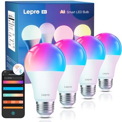 Lepro AI Smart Glühbirne B1, E27, 8,5W, 806lm, 4er-Pack, dimmbar, RGB+CCT KI-Lichtdesigner erzeugt persönliche Farben und Lichtszenen; App und Sprachbefehle regeln Farbe und Helligkeit; im Alltag Lepro AI Smart Glühbirne B1, E27, 8,5W, 806lm, 4er-Pack, dimmbar, RGB+CCT KI-Lichtdesigner erzeugt persönliche Farben und Lichtszenen; App und Sprachbefehle regeln Farbe und Helligkeit; im Alltag