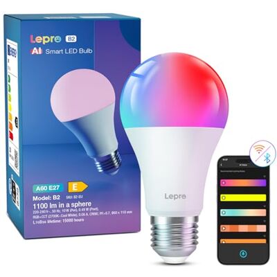 Lepro AI Smart Glühbirne B2, E27, 10W, 1100lm, dimmbar, RGB+CCT, mit App KI-Lichtdesigner erzeugt persönliche Farben und Lichtszenen; App und Sprachbefehle regeln Farbe und Helligkeit; im Alltag. Lepro AI Smart Glühbirne B2, E27, 10W, 1100lm, dimmbar, RGB+CCT, mit App KI-Lichtdesigner erzeugt persönliche Farben und Lichtszenen; App und Sprachbefehle regeln Farbe und Helligkeit; im Alltag.
