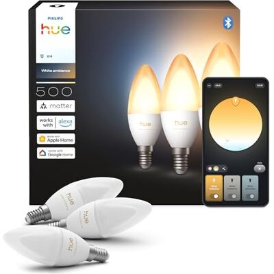 Philips Smart LED-Kerzenlampe, B39, E14, 3er Pack, White Ambiance, Vollspektrumlicht 1.000 K–20.000 K, 500 lm, Extrem Niedrig Dimmbar, Alexa, Google Home, Apple Home Philips Smart LED-Kerzenlampe, B39, E14, 3er Pack, White Ambiance, Vollspektrumlicht 1.000 K–20.000 K, 500 lm, Extrem Niedrig Dimmbar, Alexa, Google Home, Apple Home