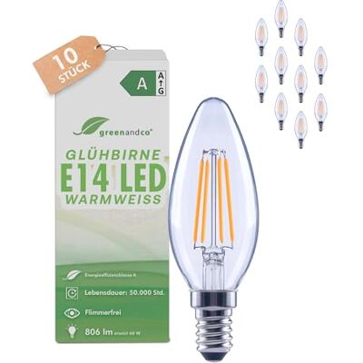 greenandco 10x LED Lampe E14 warmweiss, klar, 3.8W 806lm, C35 230V Glühfaden LED Glühbirne ersetzt 60W, 2700K, 320° Abstrahlwinkel, flimmerfrei, Energieeffizienzklasse A, nicht dimmbar greenandco 10x LED Lampe E14 warmweiss, klar, 3.8W 806lm, C35 230V Glühfaden LED Glühbirne ersetzt 60W, 2700K, 320° Abstrahlwinkel, flimmerfrei, Energieeffizienzklasse A, nicht dimmbar
