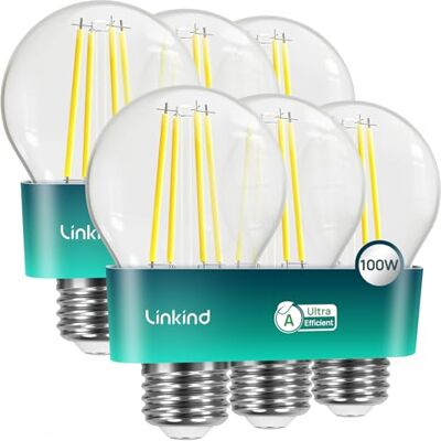 Linkind Ultraeffiziente E27 Lampe Vintage, 7,2W=100W, 2700K Warmweiß mit Energie Klasse-A, 1521 Lm 320° E27 Energiesparlampe A60, Klar, 6 Stück Linkind Ultraeffiziente E27 Lampe Vintage, 7,2W=100W, 2700K Warmweiß mit Energie Klasse-A, 1521 Lm 320° E27 Energiesparlampe A60, Klar, 6 Stück