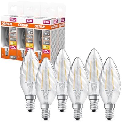 Osram LED Superstar Classic Lampe mit Filament in klassischer gedrehter Minikerzenform, klares bleifreies Glas, 2.8 W, 250 lm, warmweißes Licht (2700 K), E 14 Sockel, 35mm DM,6-Pack Osram LED Superstar Classic Lampe mit Filament in klassischer gedrehter Minikerzenform, klares bleifreies Glas, 2.8 W, 250 lm, warmweißes Licht (2700 K), E 14 Sockel, 35mm DM,6-Pack