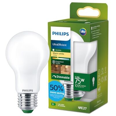 Philips LED UltraEfficient Frosted A60 Glühlampe, E27 Edison-Schraube, Energieklasse A, 1095 lm, entspricht 75 W, Warmweiß (2700 K), dimmbar, EyeComfort, 50.000 Stunden, 1 Packung Philips LED UltraEfficient Frosted A60 Glühlampe, E27 Edison-Schraube, Energieklasse A, 1095 lm, entspricht 75 W, Warmweiß (2700 K), dimmbar, EyeComfort, 50.000 Stunden, 1 Packung