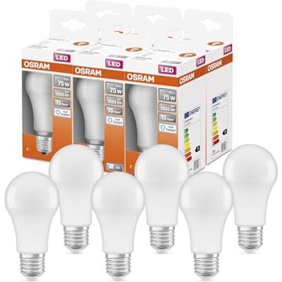 Osram LED Star Classic A75 LED Lampe für E27 Sockel, Birnenform, FR, 1055 Lumen, tageslichtweiß (6500K), Ersatz für herkömmliche 75W Glühbirnen, nicht dimmbar, 6er-Pack Osram LED Star Classic A75 LED Lampe für E27 Sockel, Birnenform, FR, 1055 Lumen, tageslichtweiß (6500K), Ersatz für herkömmliche 75W Glühbirnen, nicht dimmbar, 6er-Pack