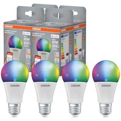 Osram SMART+ RGBW, E27 LED-Lampe mit Matter over Wifi, speziell entwickelt für ALEXA einfache Einrichtung per Klick, 60W-Ersatz, warmweiß bis kaltweiß(2700-6500K), 16 Mio RGB Farben, 4er-Pack Osram SMART+ RGBW, E27 LED-Lampe mit Matter over Wifi, speziell entwickelt für ALEXA einfache Einrichtung per Klick, 60W-Ersatz, warmweiß bis kaltweiß(2700-6500K), 16 Mio RGB Farben, 4er-Pack